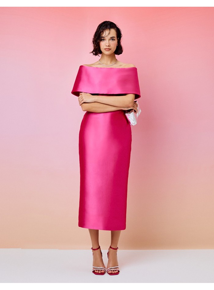 Midi party dress with bardot neckline and belt...