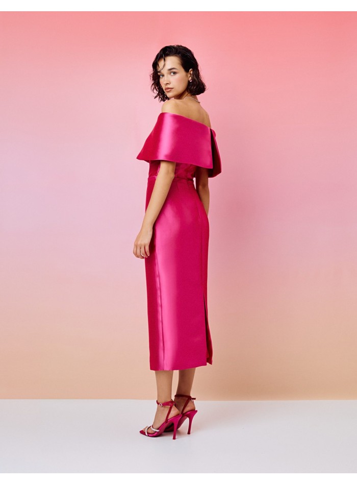Midi party dress with bardot neckline and belt...