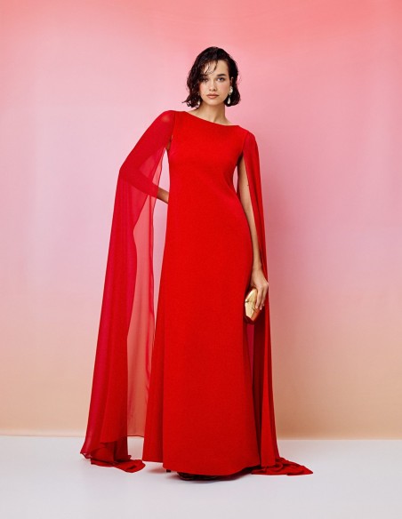 Long party dress with cape sleeves and round neckline