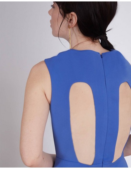 espalda del Mono de fiesta azul con detalle abierto en la espalda y pantalones palazzo de Lauren Lynn London INVITADISIMA