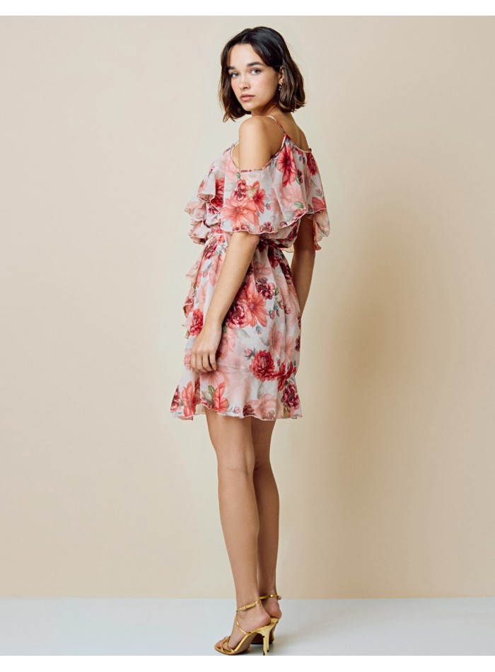 Printed short party dress with ruffles detail