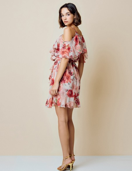 Printed short party dress with ruffles detail