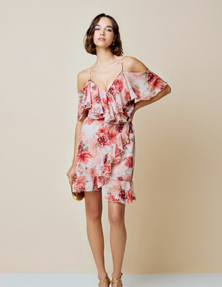 Printed short party dress with ruffles detail