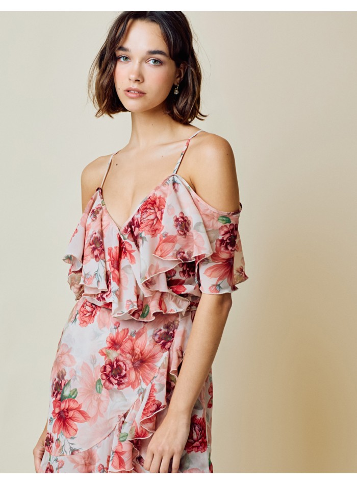 Printed short party dress with ruffles detail