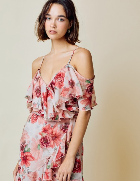 Vestido corto de fiesta estampado con detalle volantes