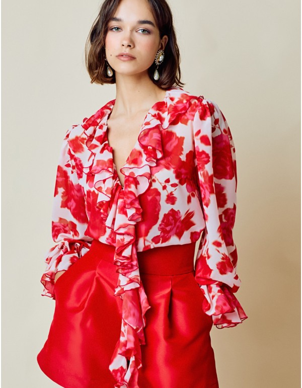 Blusa estampada con tejido fluido y detalle volante 2