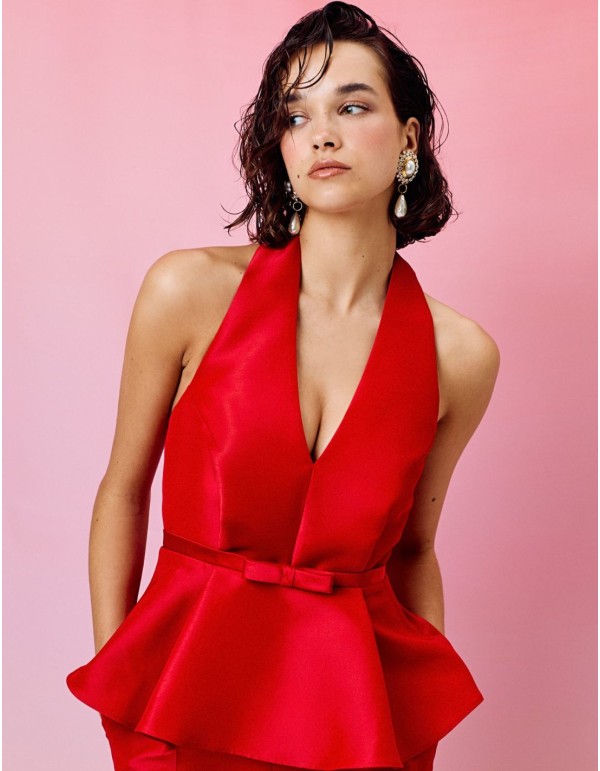 Top de fête péplum avec encolure licou et nœud