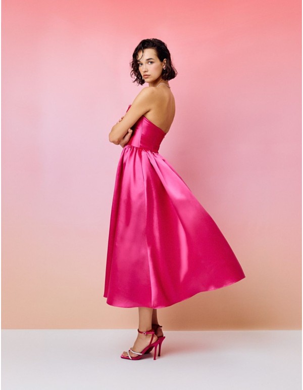 Midi party dress with bandeau neckline and flouncy skirt 2