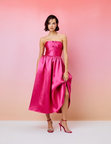 Midi party dress with bandeau neckline and flouncy skirt