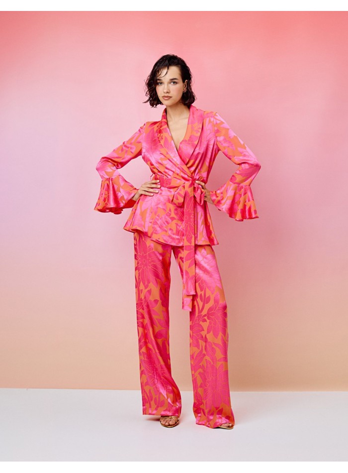 Fluid long party trousers in printed fabric