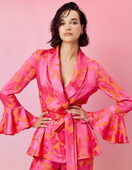 Printed blazer style blouse with flared sleeves