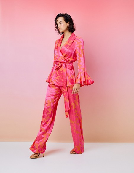 Printed blazer style blouse with flared sleeves