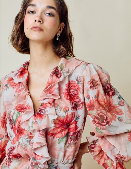 Flowing long party dress with floral print