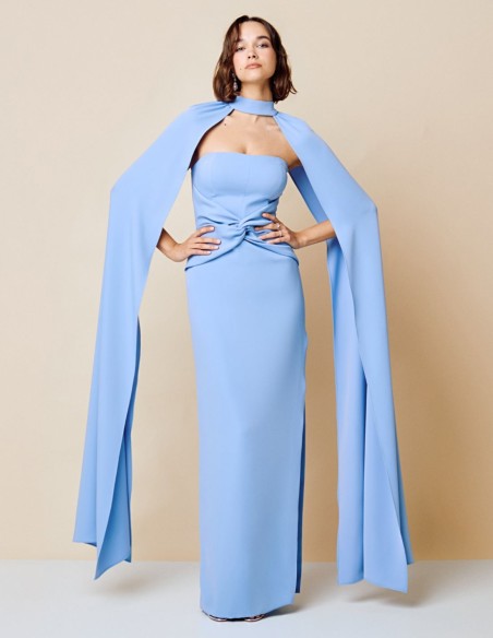 Long party dress with ruching and cape for guests
