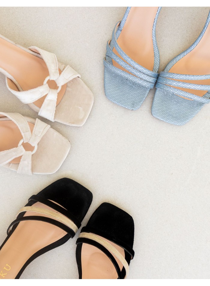 Two-tone party sandal with square suede heel