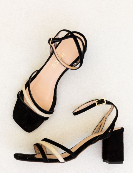 Two-tone party sandal with square suede heel