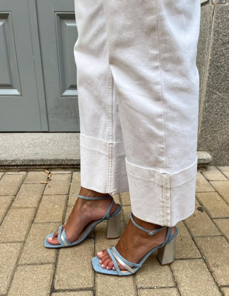 Blue party sandal with straps tied at the ankle