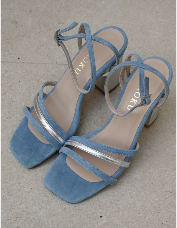 Blue party sandal with straps tied at the ankle 2