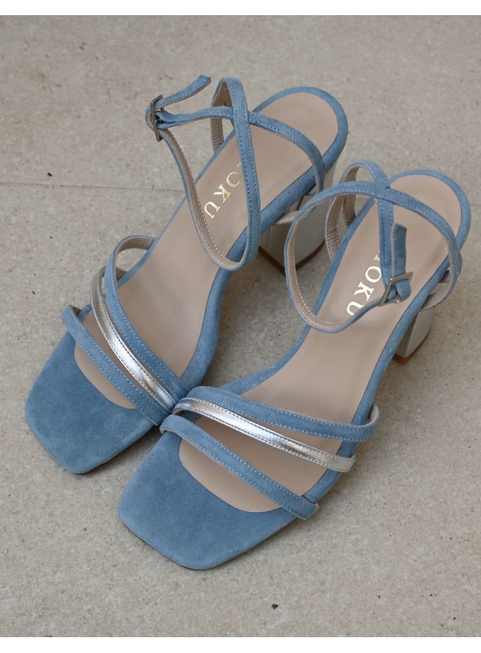 Blue party sandal with straps tied at the ankle