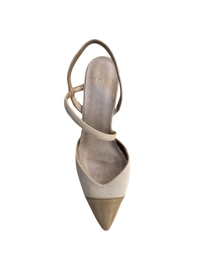 Beige suede party shoe with metallic tip