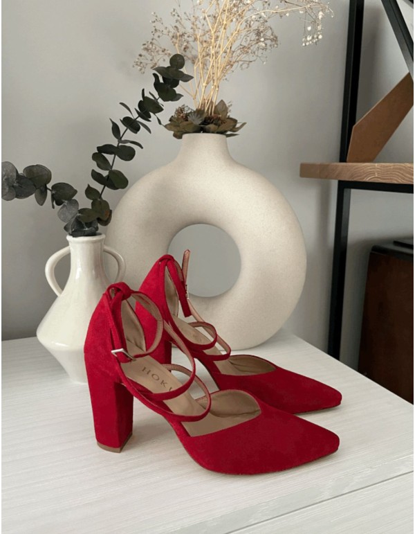 Chaussure de soirée en daim rouge à lanières croisées 2