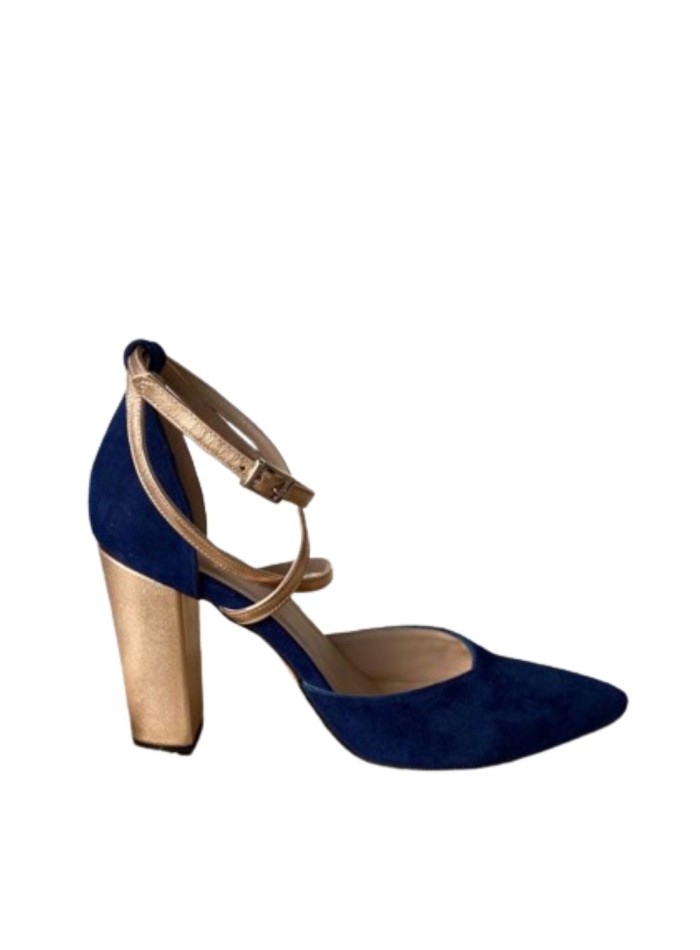 Navy blue suede pumps with gold details