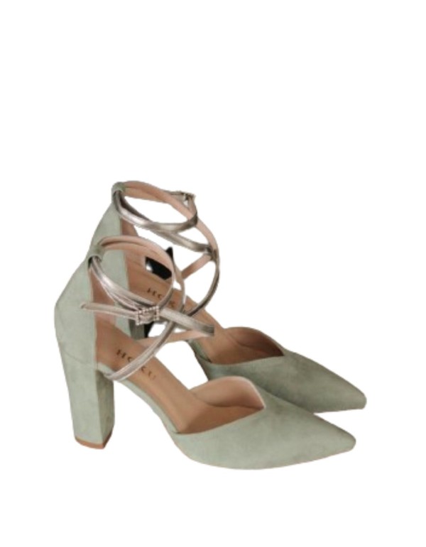 Green suede party shoe with silver details.