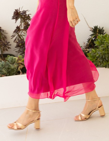 Golden leather party sandal with ankle strap