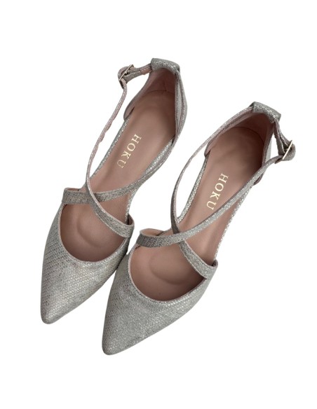 Ballerine plate en cuir avec tissu texturé