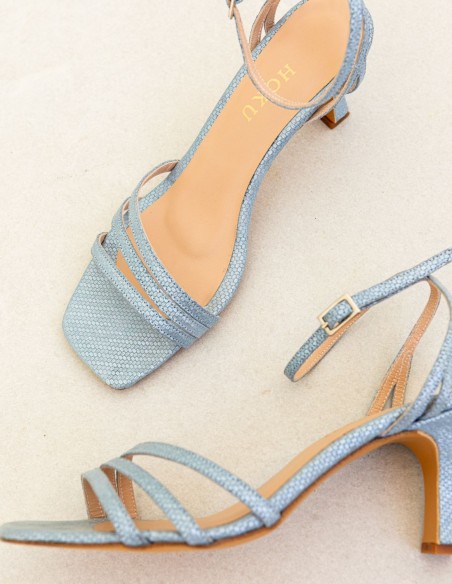 Blue party sandal with straps tied at the ankle