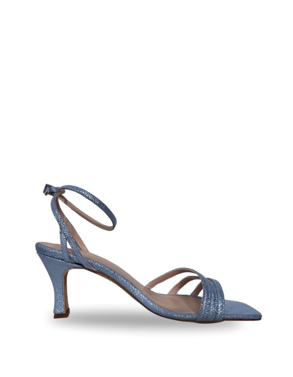 Blue party sandal with straps tied at the ankle