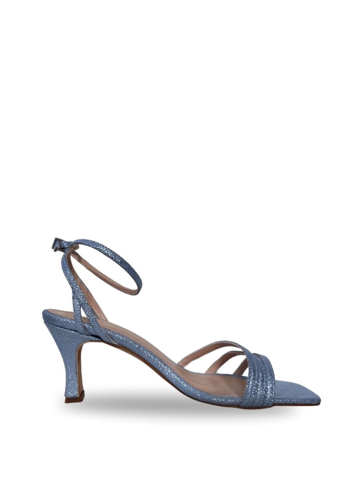 Blue party sandal with straps tied at the ankle
