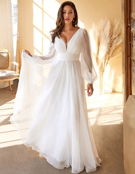 Chiffon wedding dress with long sleeves and V-neckline
