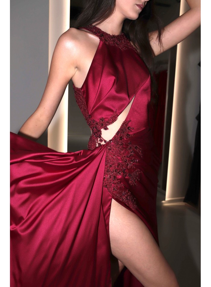 Long burgundy satin dress with slit, halter...
