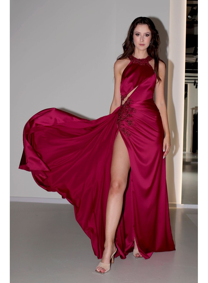 Long burgundy satin dress with slit, halter...