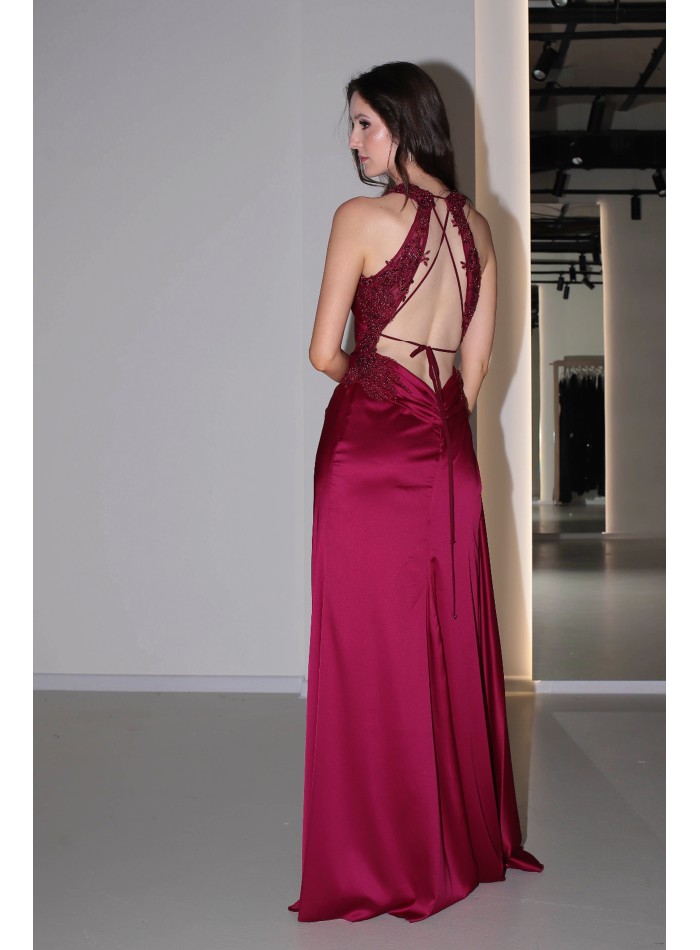 Long burgundy satin dress with slit, halter...