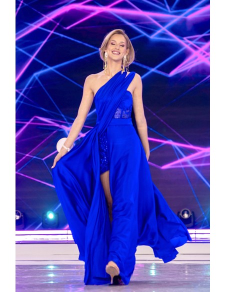 Long party dress with corset neckline and satin overdress in klein blue