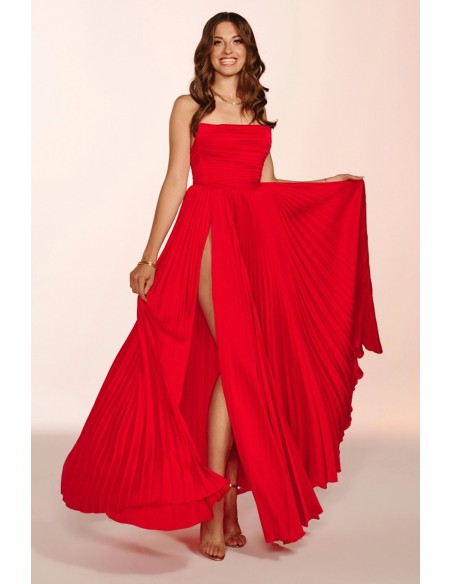 Robe longue de fête en rouge avec jupe plissée et corsage drapé