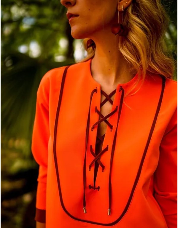 Orange kaftan style guest dress with black detailing 2