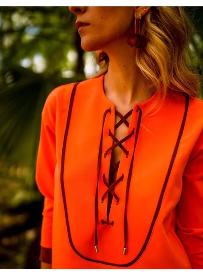 Orange kaftan style guest dress with black...