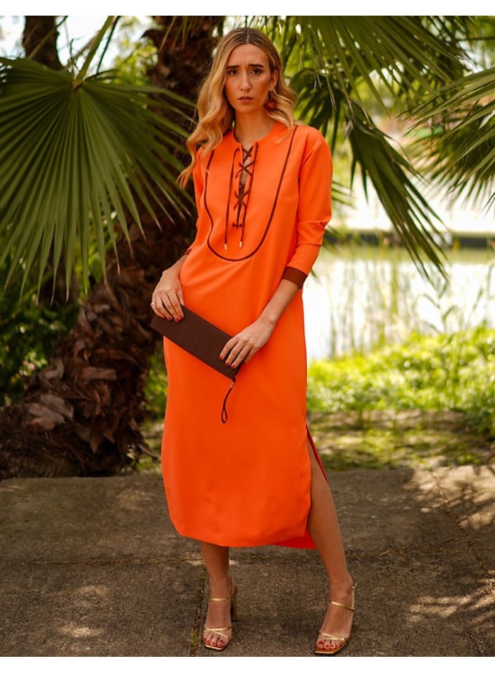 Orange kaftan style guest dress with black...