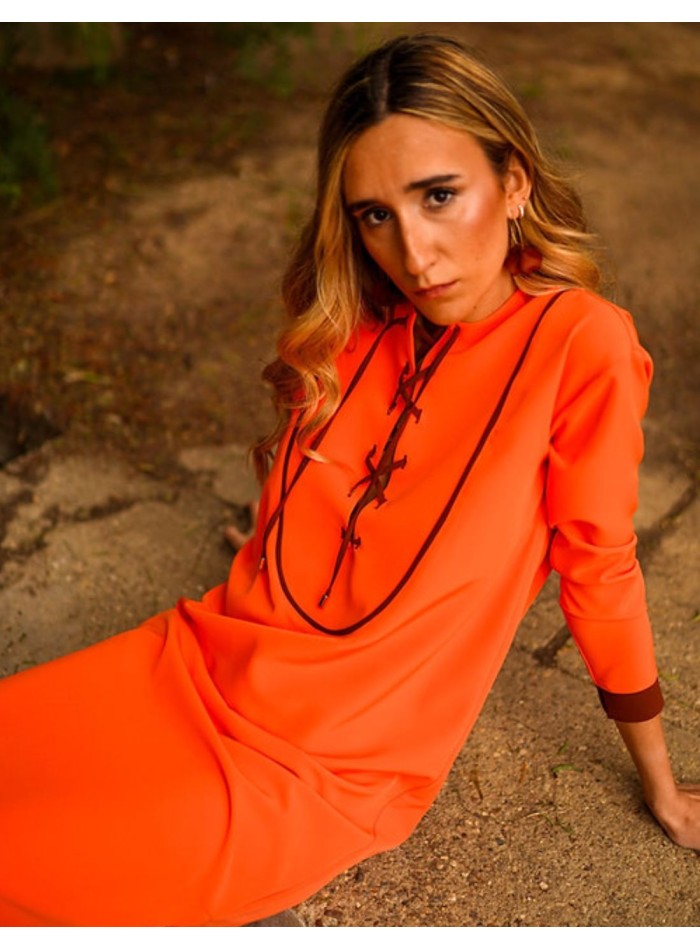 Orange kaftan style guest dress with black...