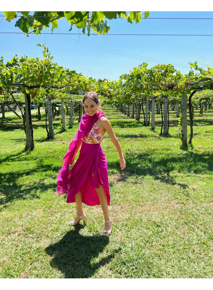 Fuchsia chiffon long party cape