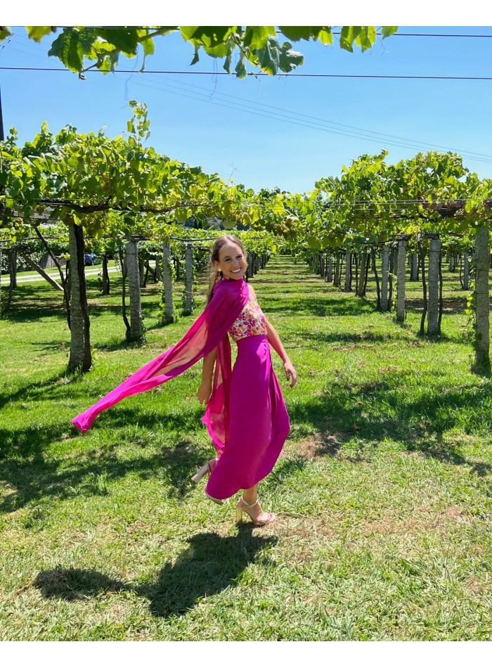 Cape de fête longue en mousseline de soie fuchsia
