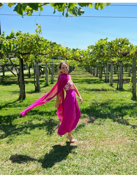 Fuchsia chiffon long party cape
