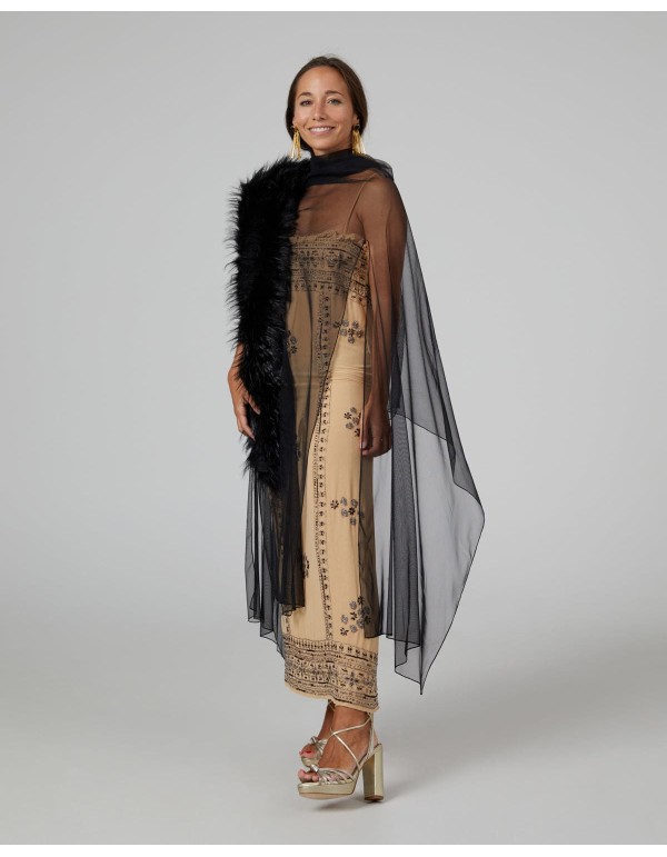 Long party cape in black tulle with side slits 2