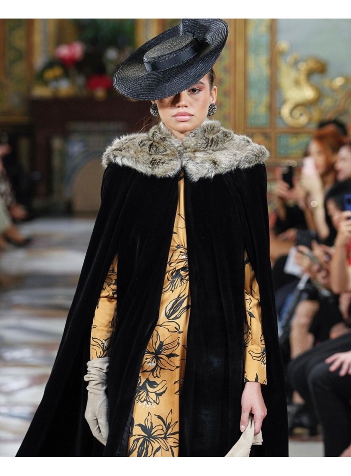 Black velvet midi cape with neckline closure