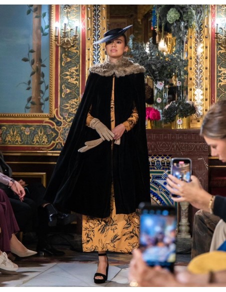 Black velvet midi cape with neckline closure