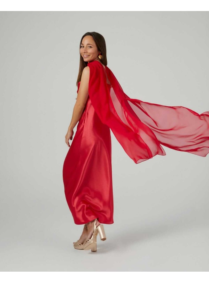 Red midi layer of cationic chiffon and double...