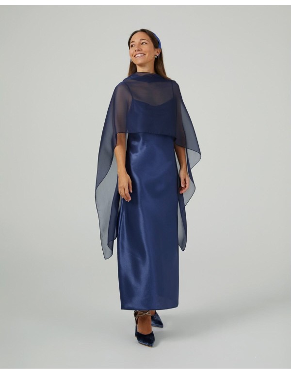 Long coat in navy blue cationic gauze with double yarns